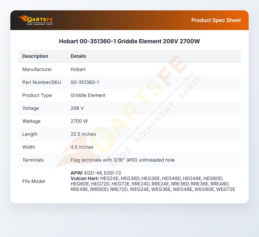Hobart 00-351360-1 Griddle Element  208V 2700W