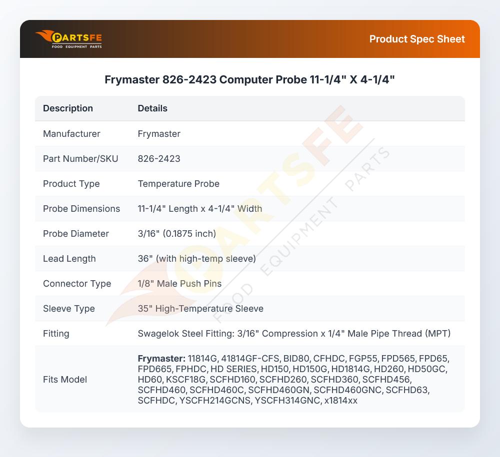 Frymaster 826-2423 Fryer Computer Probe 11-1/4" X 4-1/4" 3/16" DIA 36" Leads W/1/8" Male Push Pin 35" HI-Temp Sleeve