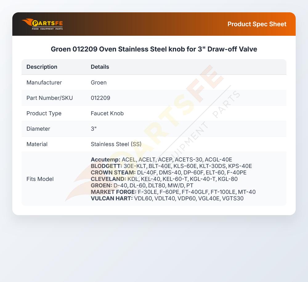 Groen 012209 Oven Stainless Steel knob for 3" Draw-off Valve