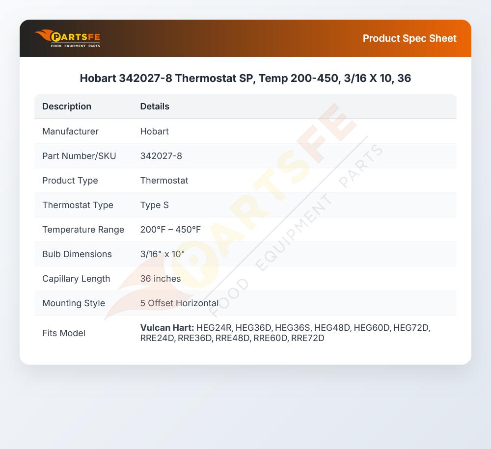 Hobart 342027-8 SP Thermostat 200-450&deg;F 3/16" x 10" Bulb 36" CAP