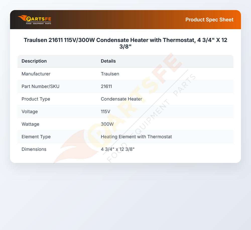 Traulsen 21611 Condensate Heater 4-3/4" X 12-3/8" 115V