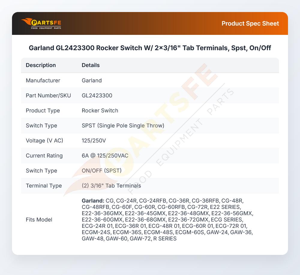 Garland GL2423300 Rocker Switch W/ 2x3/16" Tab Terminals, Spst, On/Off
