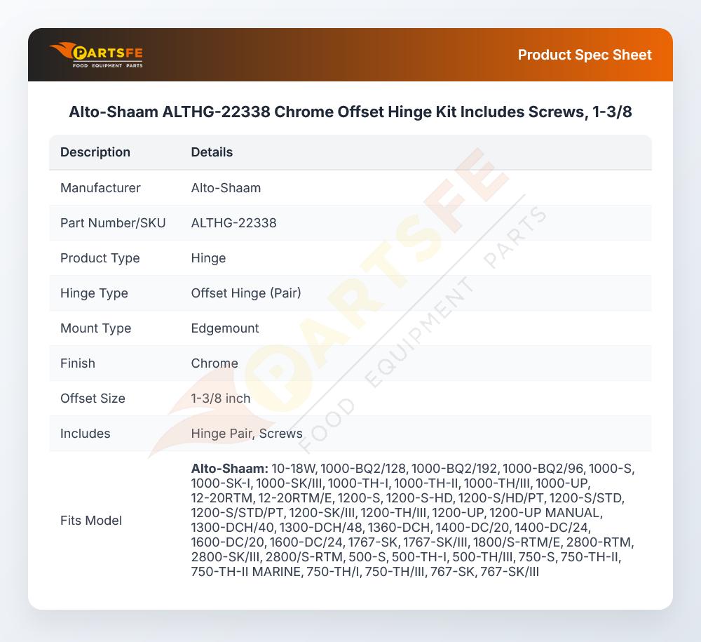Alto-Shaam ALTHG-22338 Chrome Offset Hinge Kit Includes Screws, 1-3/8