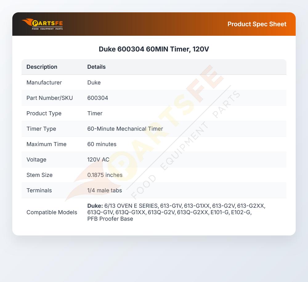 Duke 600304 Replacement Timer Kit 60-Min 120V 60Hz