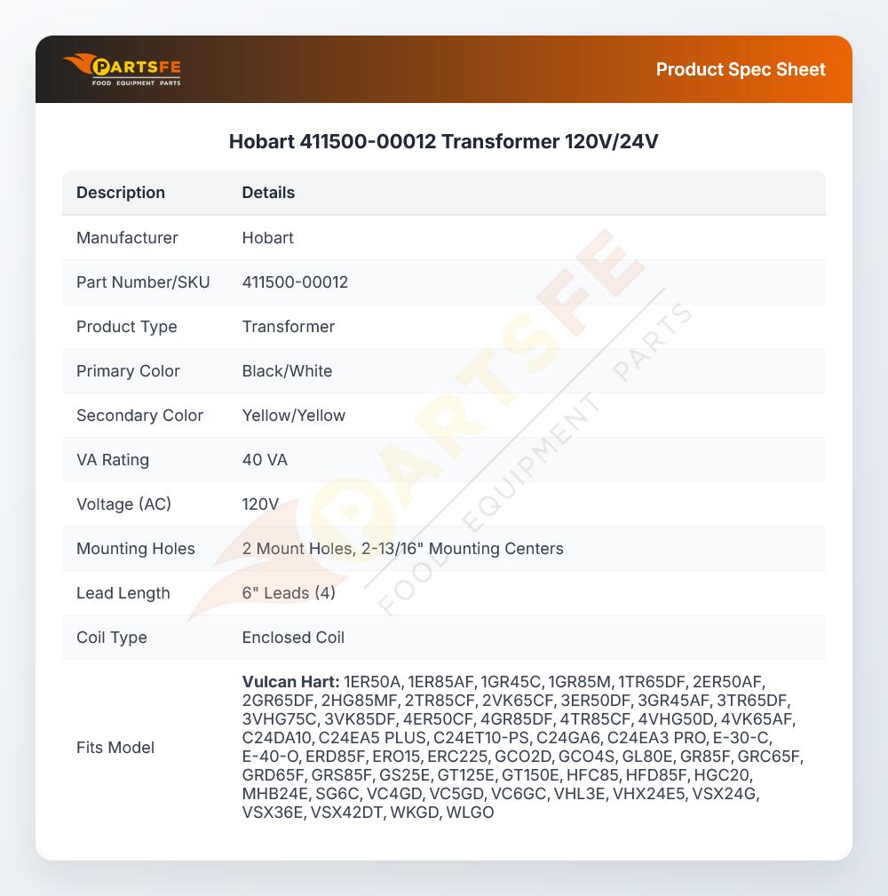 Hobart 411500-00012 Transformer 120V/24V