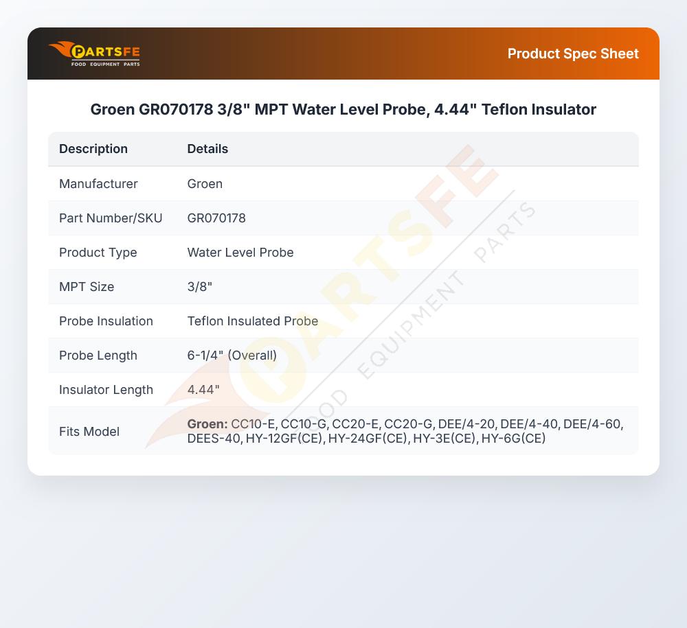 Groen GR070178 3/8" MPT Water Level Probe, 4.44" Teflon Insulator
