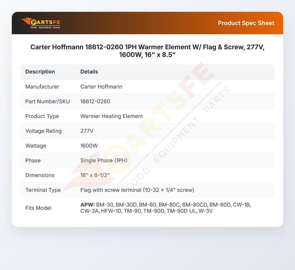 Carter Hoffmann 18612-0260 1PH Warmer Element W/ Flag & Screw, 277V, 1600W, 16" x 8.5"