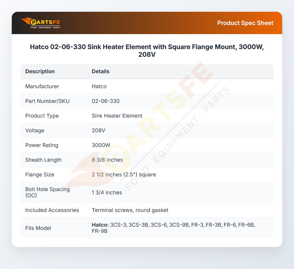 Hatco 02-06-330 Sink Heater Element with Square Flange Mount, 3000W, 208V