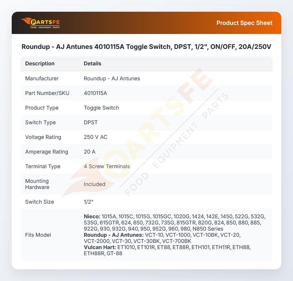 Roundup - AJ Antunes 4010115A Toggle Switch DPST 1/2" 20A/250V ON/OFF