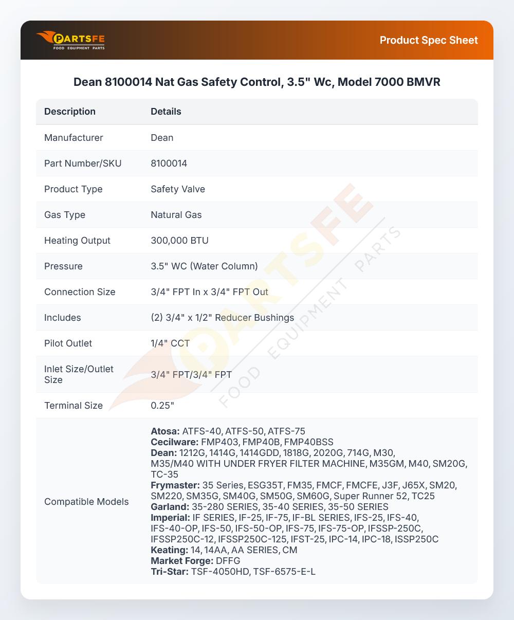 Dean 8100014 Natural Gas Safety Control Valve 3.5" WC Model 7000BMVR