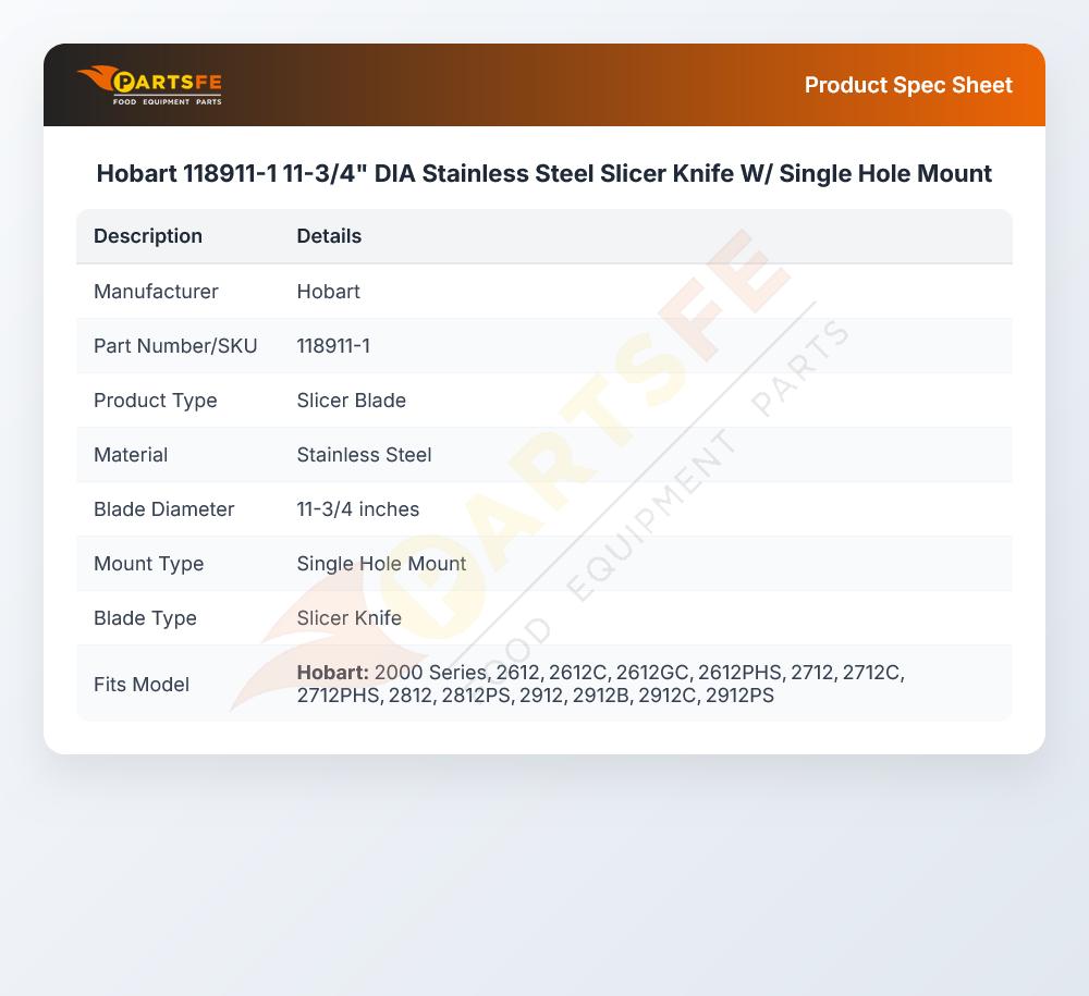 Hobart 118911-1 Knife W/Single Hole Mount 11-3/4" DIA S/S