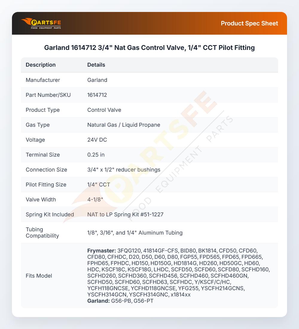 Garland 1614712 Oven Gas Control Valve 1/4" CCT Pilot Fitting 3/4"