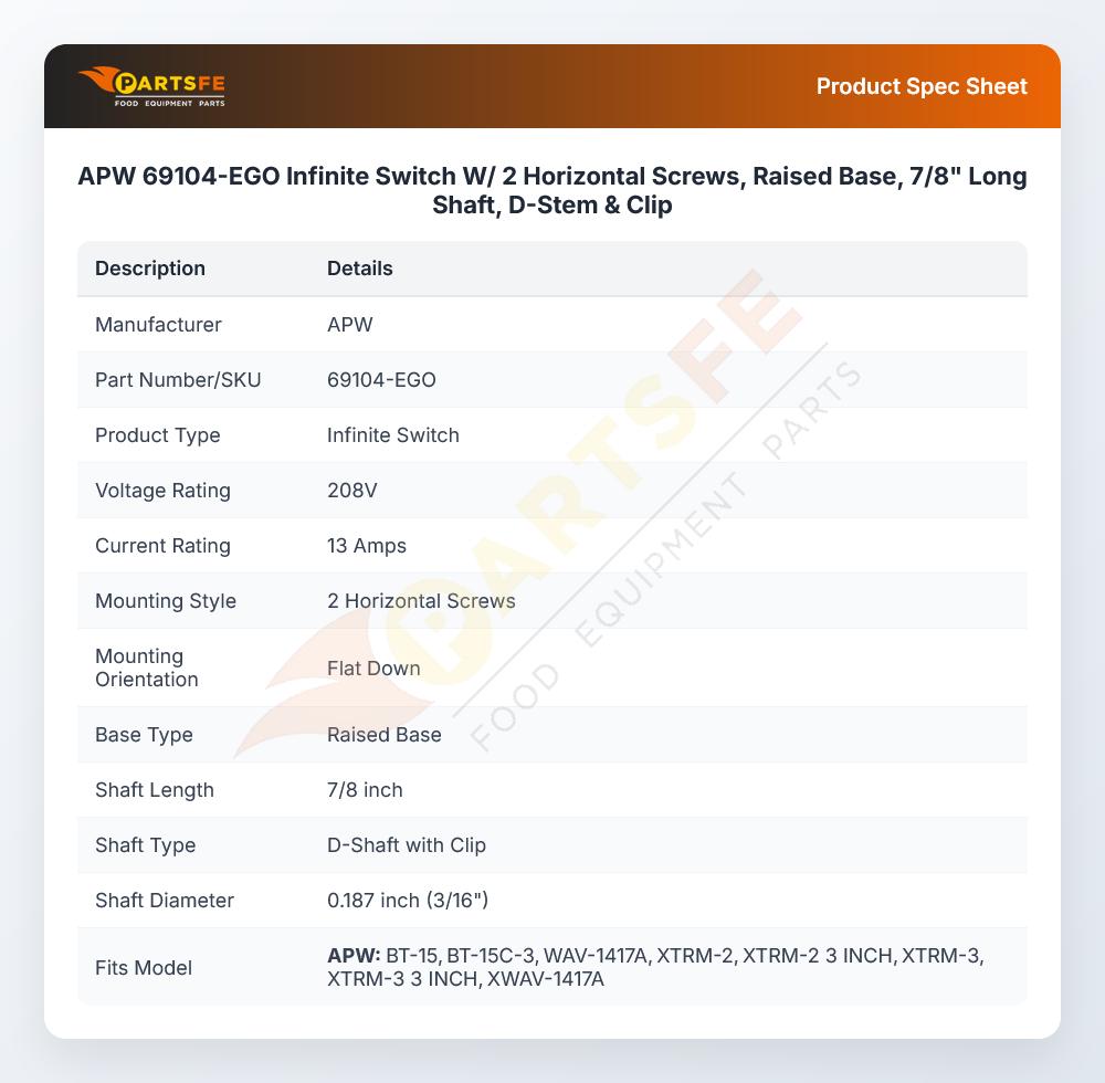 APW 69104-EGO Infinite Switch W/ 2 Horizontal Screws, Raised Base, 7/8" Long Shaft, D-Stem & Clip