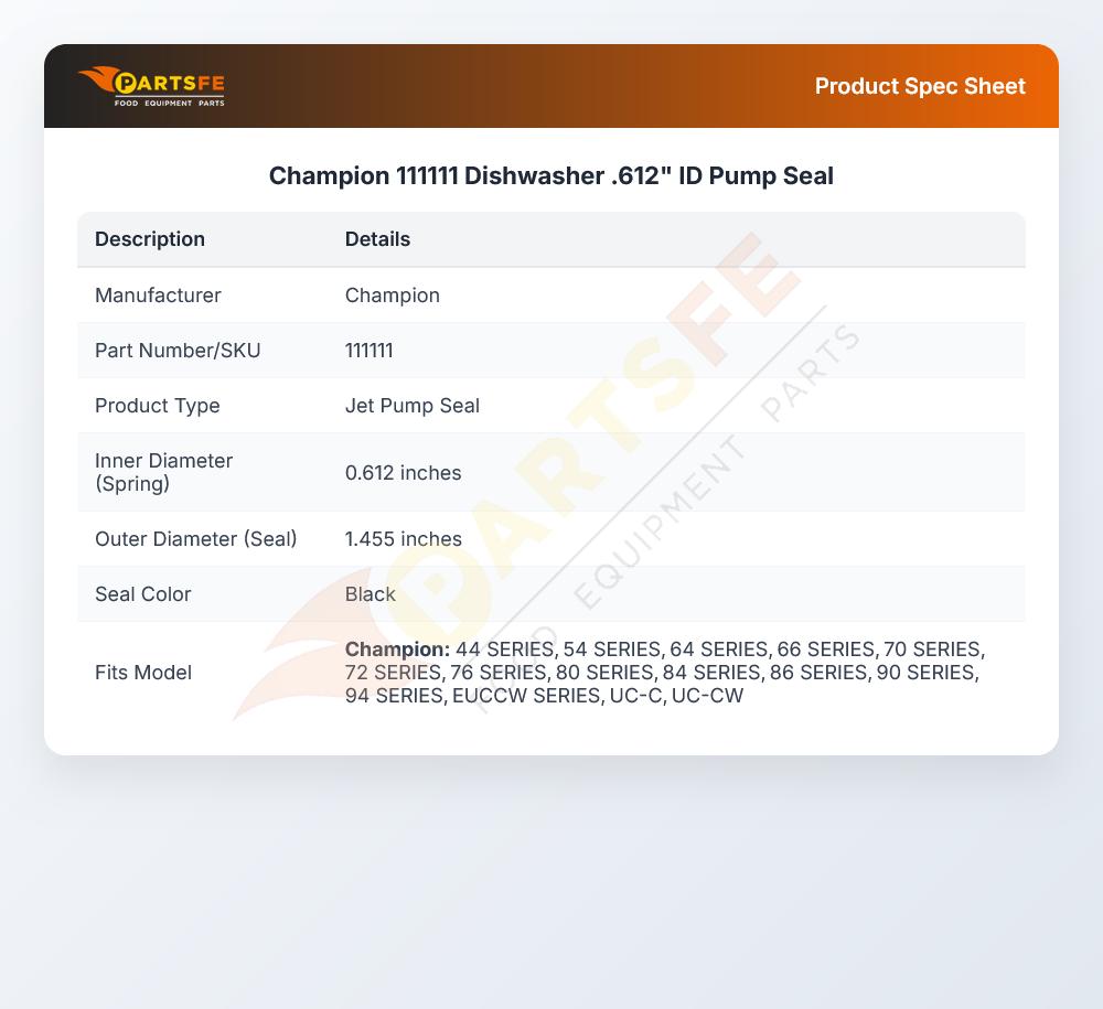 Champion 111111 Dishwasher .612" ID Pump Seal