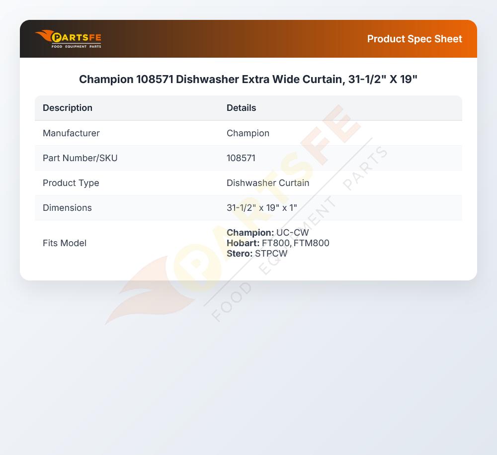 Champion 108571 Dishwasher Extra Wide Curtain, 31-1/2" X 19"