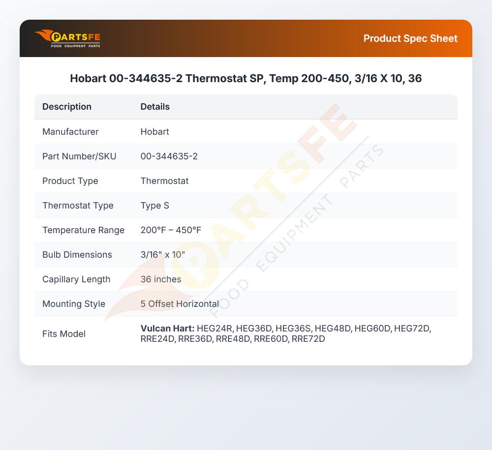 Hobart 00-344635-2 SP Thermostat 200-450&deg;F 3/16" x 10" Bulb 36" CAP