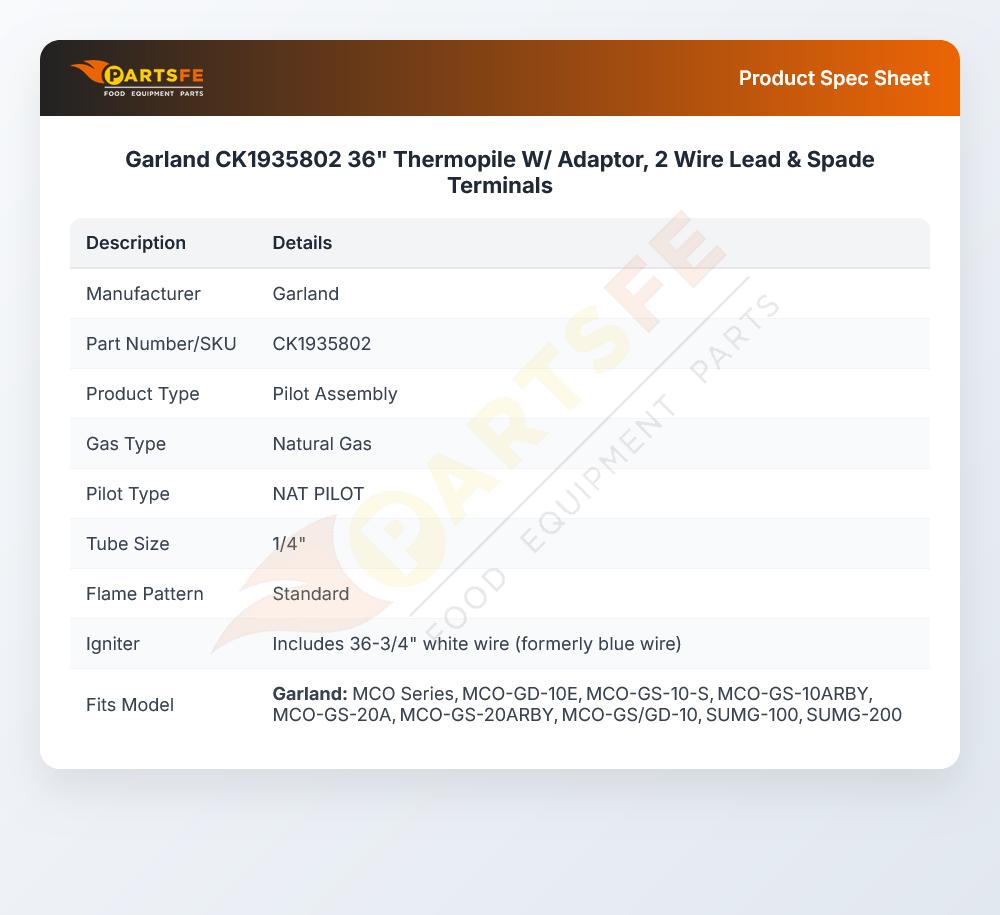 Garland CK1935802 Natural Gas Pilot Assembly W/Adaptor 2-Wire Lead & Spade Terminals 36"