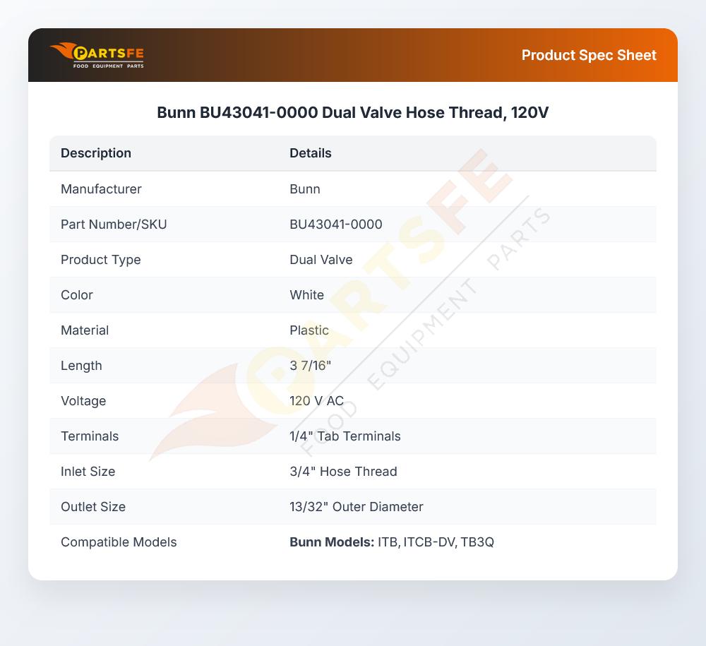 Bunn BU43041-0000 Dual Valve Hose Thread, 120V