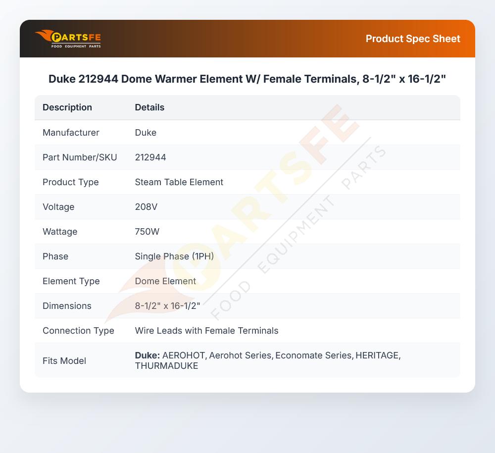 Duke 212944 Food Warmer Dome Element W/Female Terminals 8-1/2" X 16-1/2"