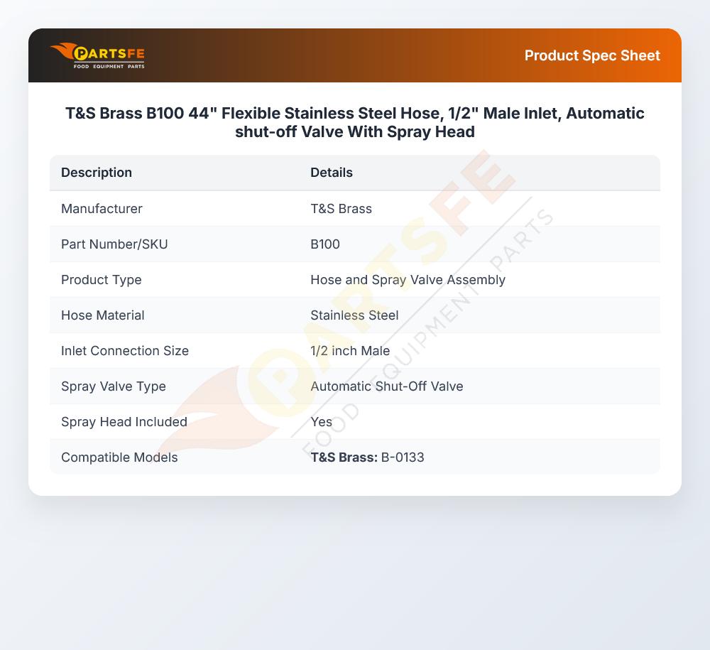 T&S Brass B100 Flexible Hose Automatic Shut-Off Valve W/Spray Head 1/2" Male Inlet 44"