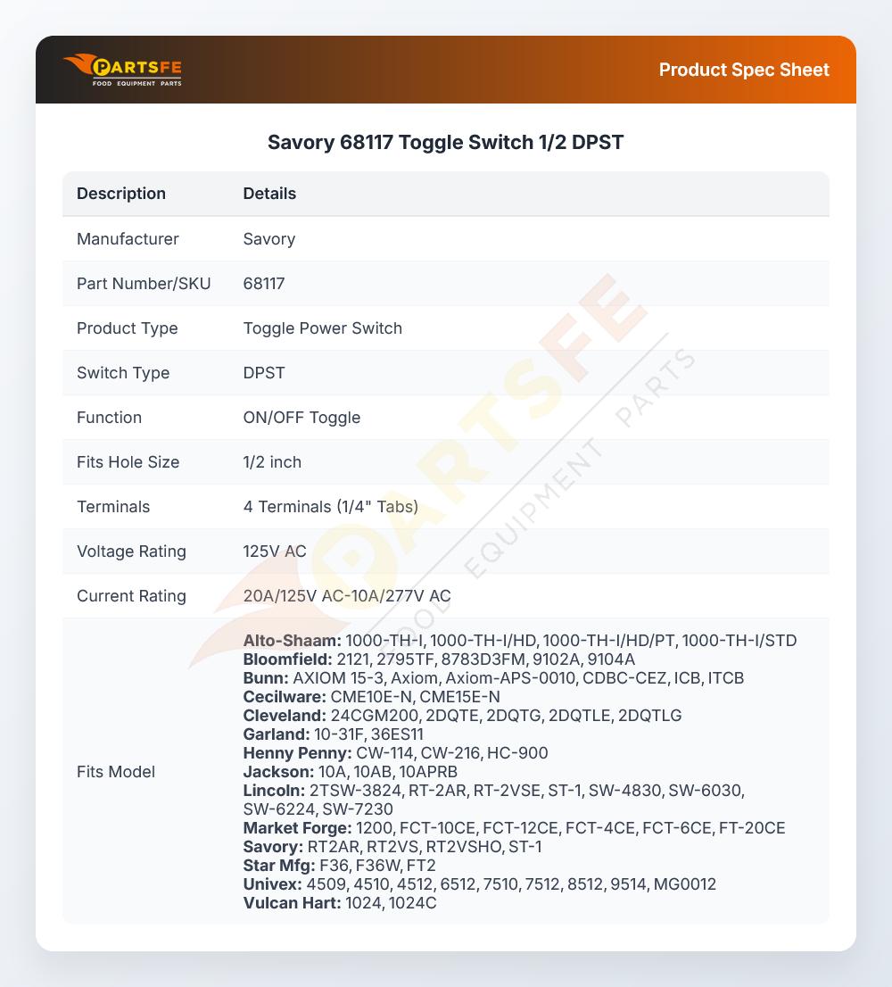 Savory 68117 Toggle Switch 1/2 DPST