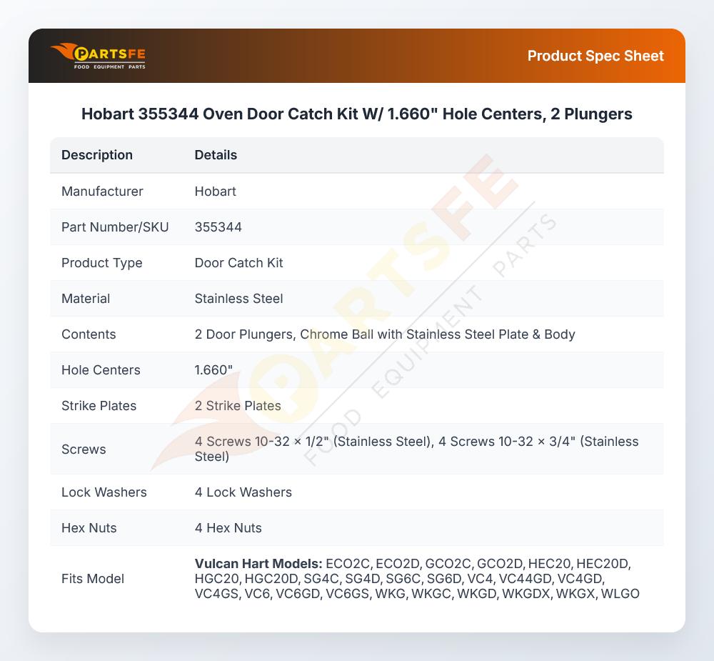 Hobart 355344 Oven Door Kit W/Rollers