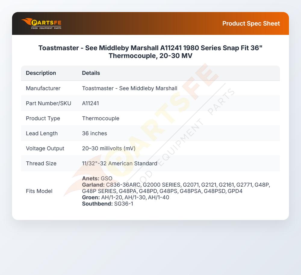Toastmaster - See Middleby Marshall A11241 1980 Series Snap Fit 36" Thermocouple, 20-30 MV