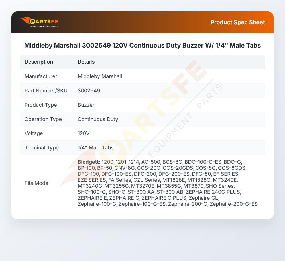 Middleby Marshall 3002649 120V Continuous Duty Buzzer W/ 1/4" Male Tabs