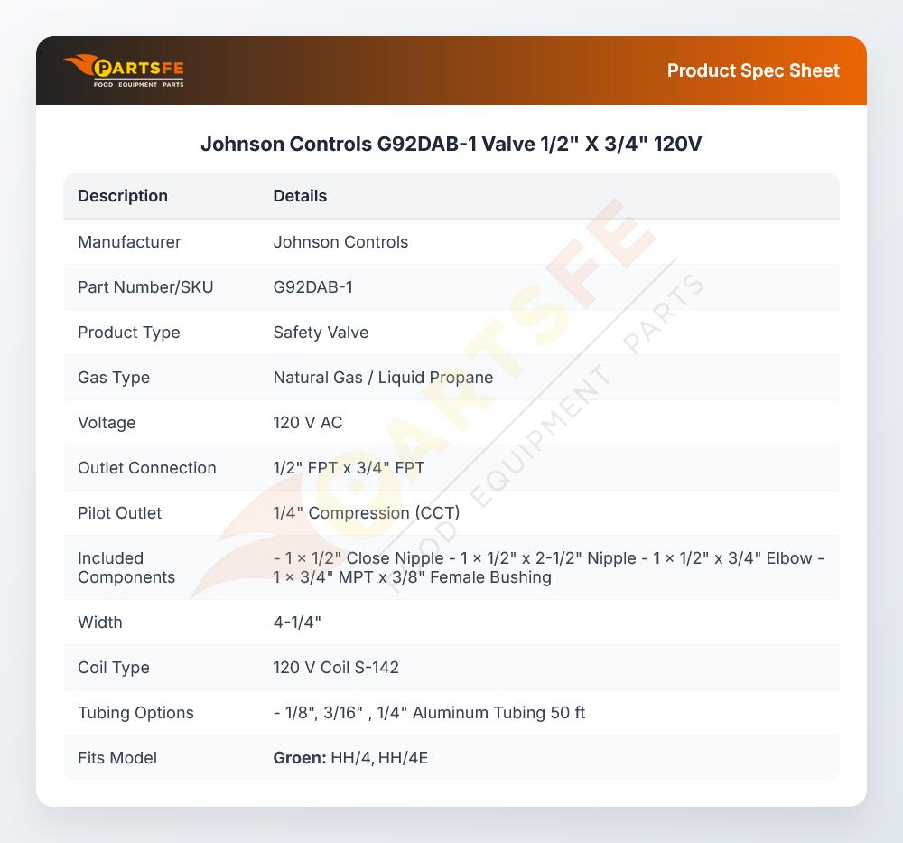 Johnson Controls G92DAB-1 Gas Safety Valve 1/2" X 3/4" 120V