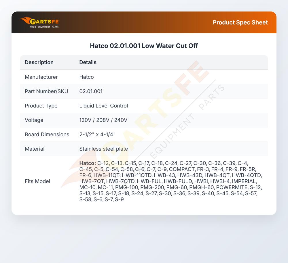 Hatco 02.01.001 Low Water Cut Off