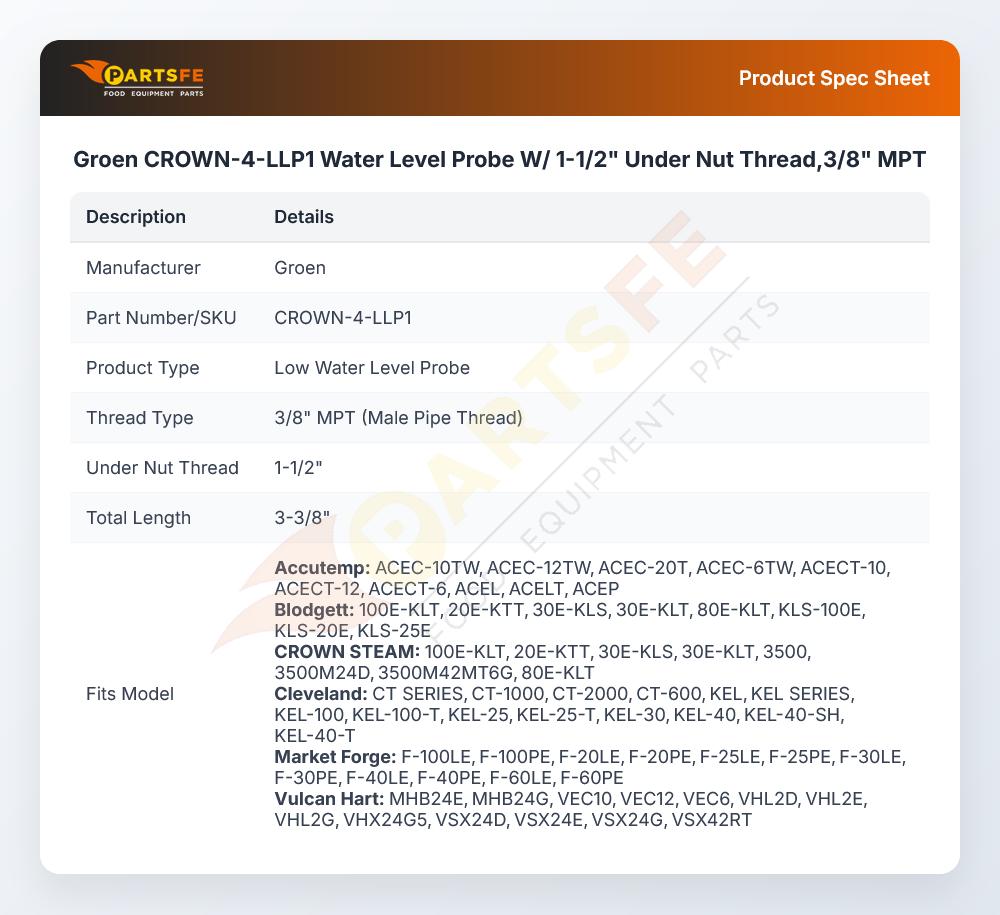 Groen CROWN-4-LLP1 Water Level Probe 1-1/2" Under Nut Thread 3/8" MPT