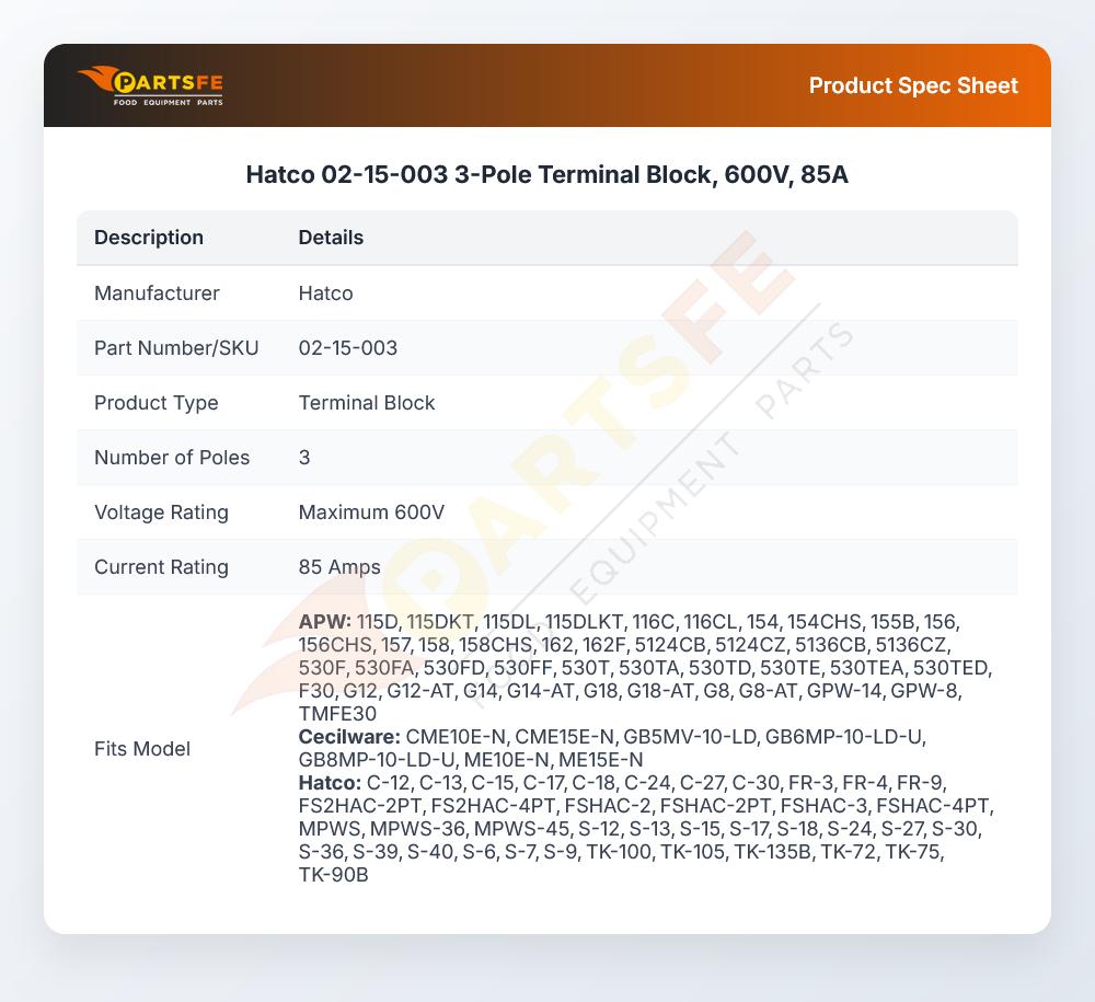 Hatco 02-15-003 3-Pole Terminal Block, 600V, 85A