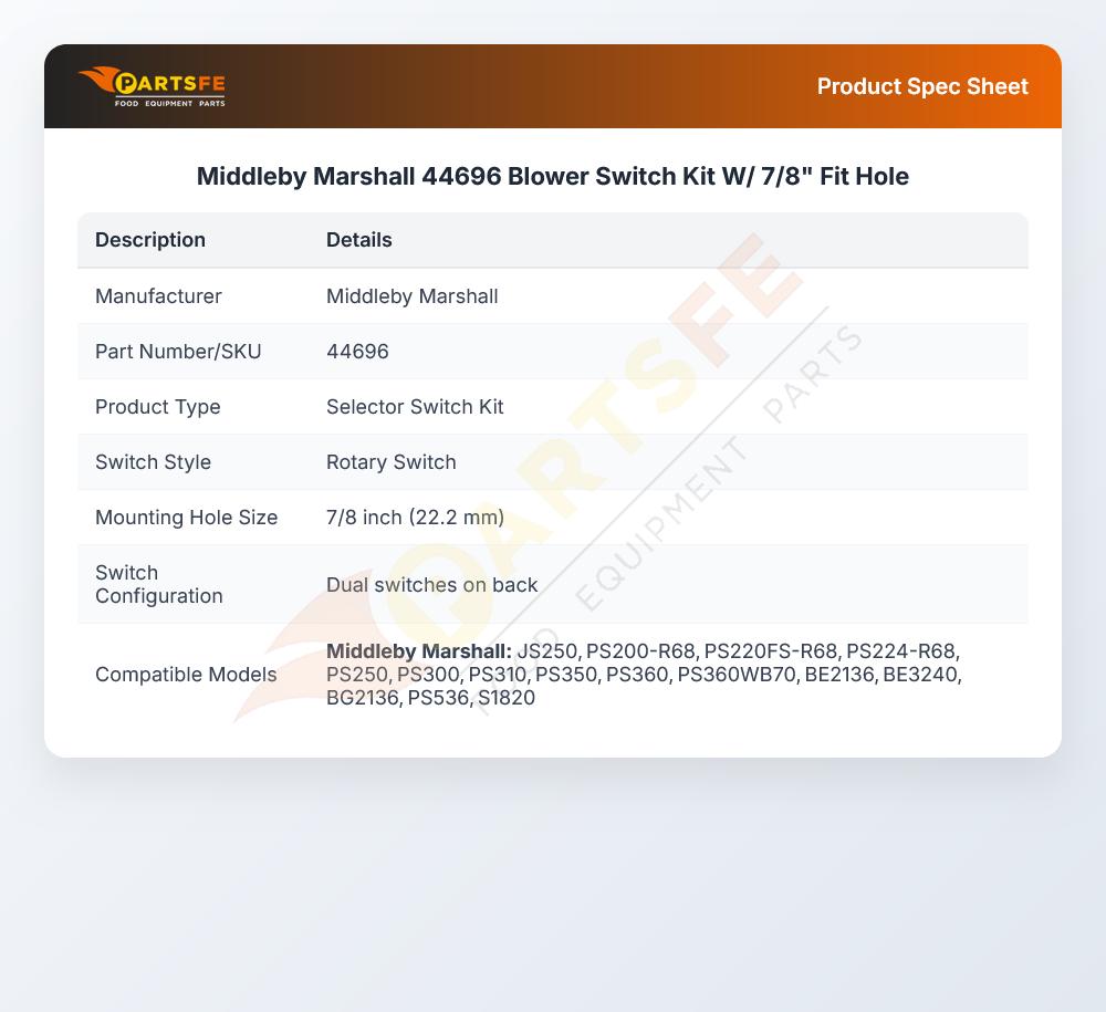 Middleby Marshall 44696 Blower Switch Kit W/ 7/8" Fit Hole