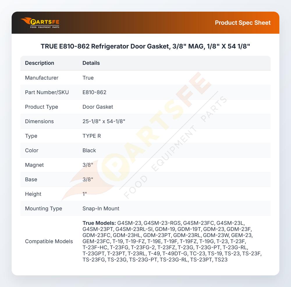 TRUE E810-862 Refrigerator  Door Gasket, 3/8" MAG, 1/8" X 54 1/8"