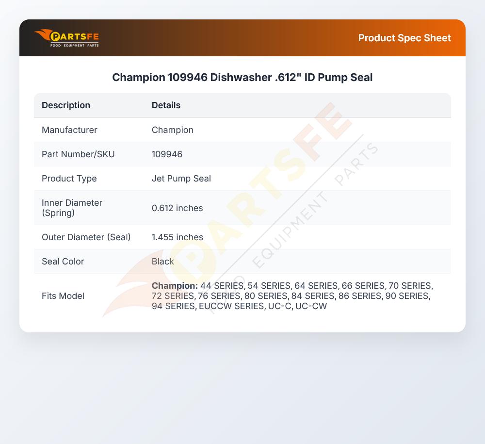 Champion 109946 Dishwasher .612" ID Pump Seal