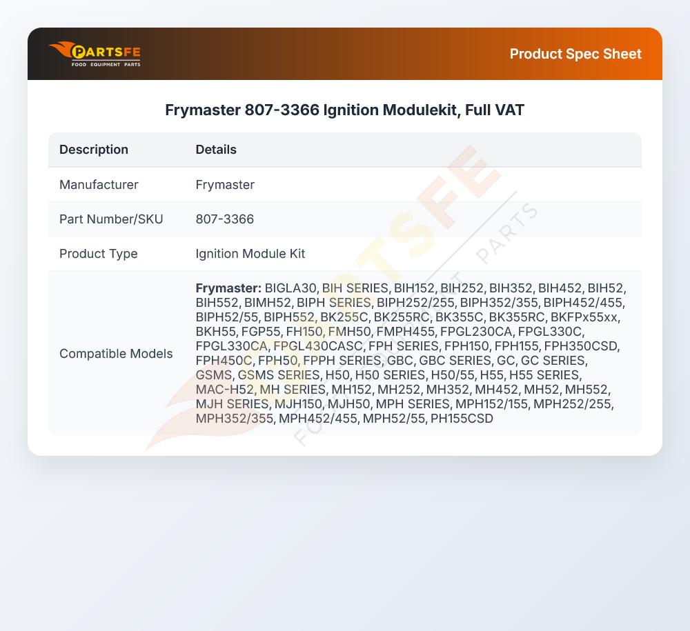 Frymaster 807-3366 Gas Fryer Ignition Module kit Full VAT