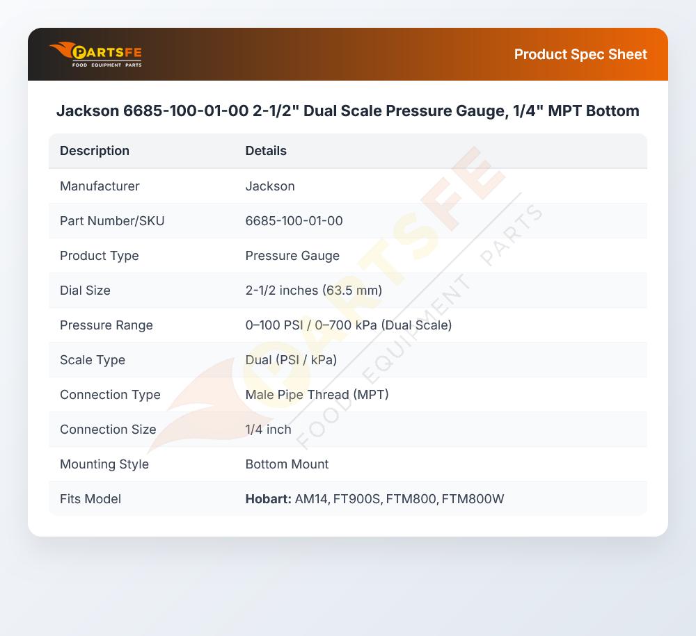Jackson 6685-100-01-00 2-1/2" Dual Scale Pressure Gauge, 1/4" MPT Bottom