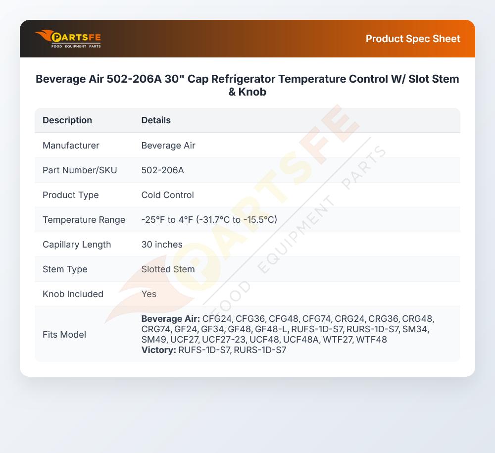 Beverage Air 502-206A 30" Cap Refrigerator Temperature Control W/ Slot Stem & Knob