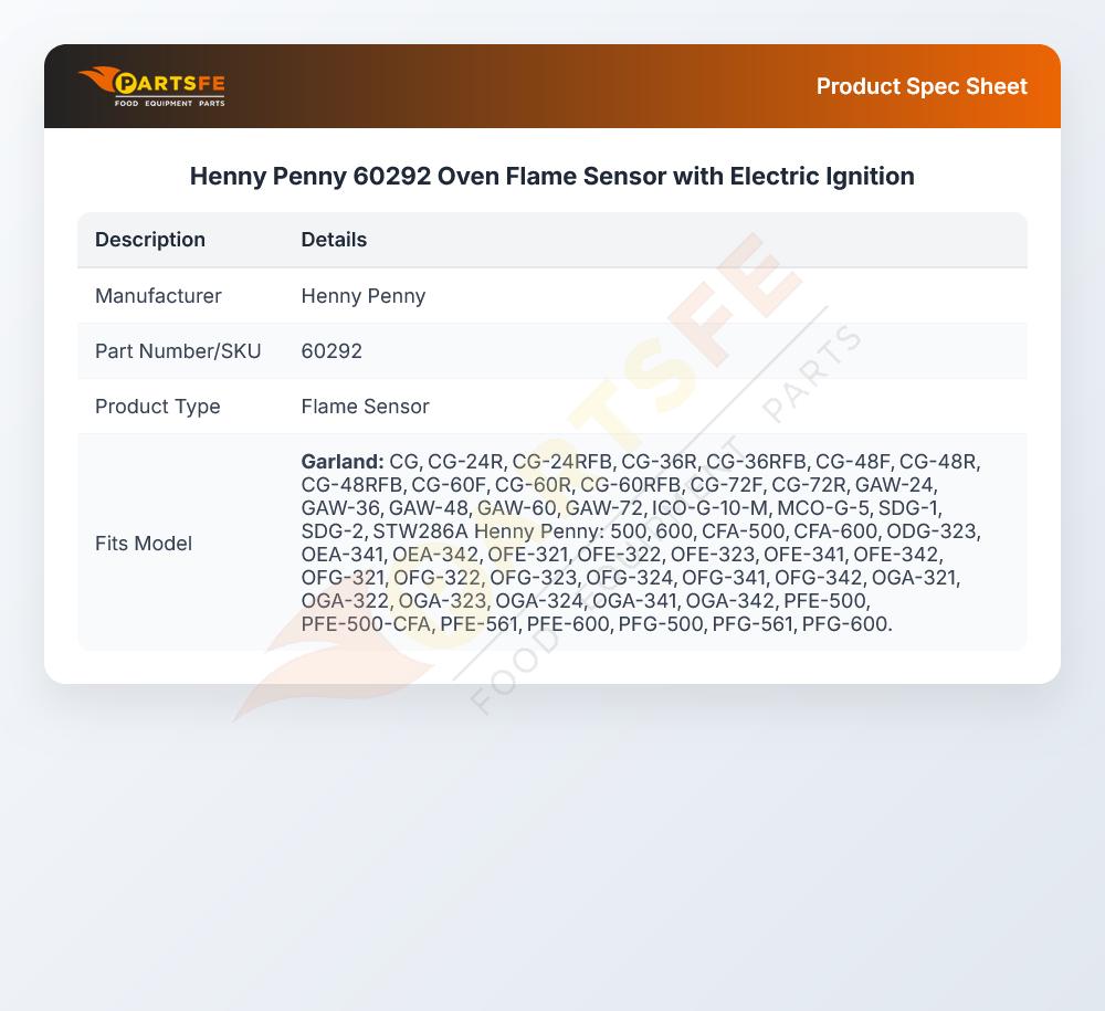 Henny Penny 60292 Oven Flame Sensor with Electric Ignition
