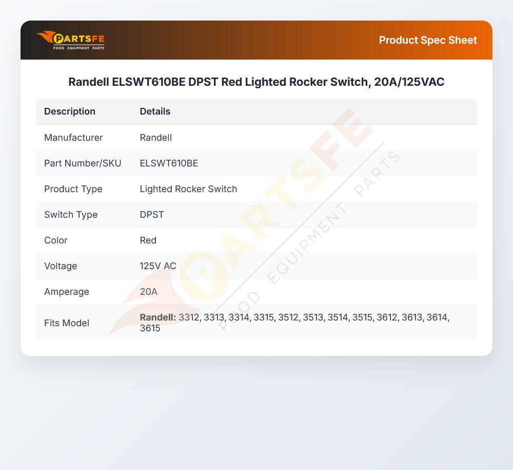 Randell ELSWT610BE Rocker Switch Red Lighted DPST 20A/125 VAC
