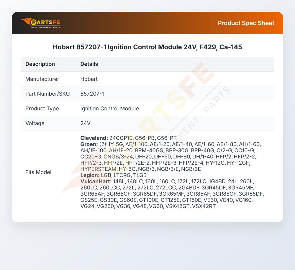 Hobart 857207-1 Fryer Ignition Control Module 24V F429 CA-158
