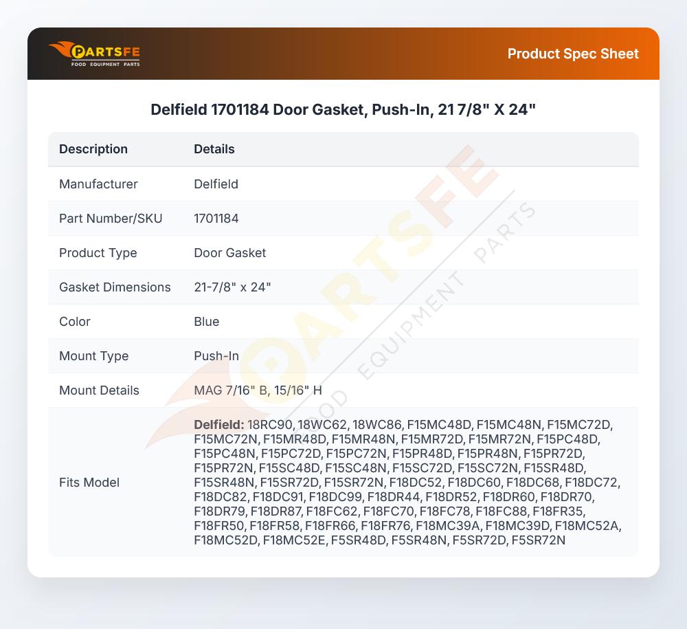 Delfield 1701184 Door Gasket, Push-In, 21 7/8" X 24"