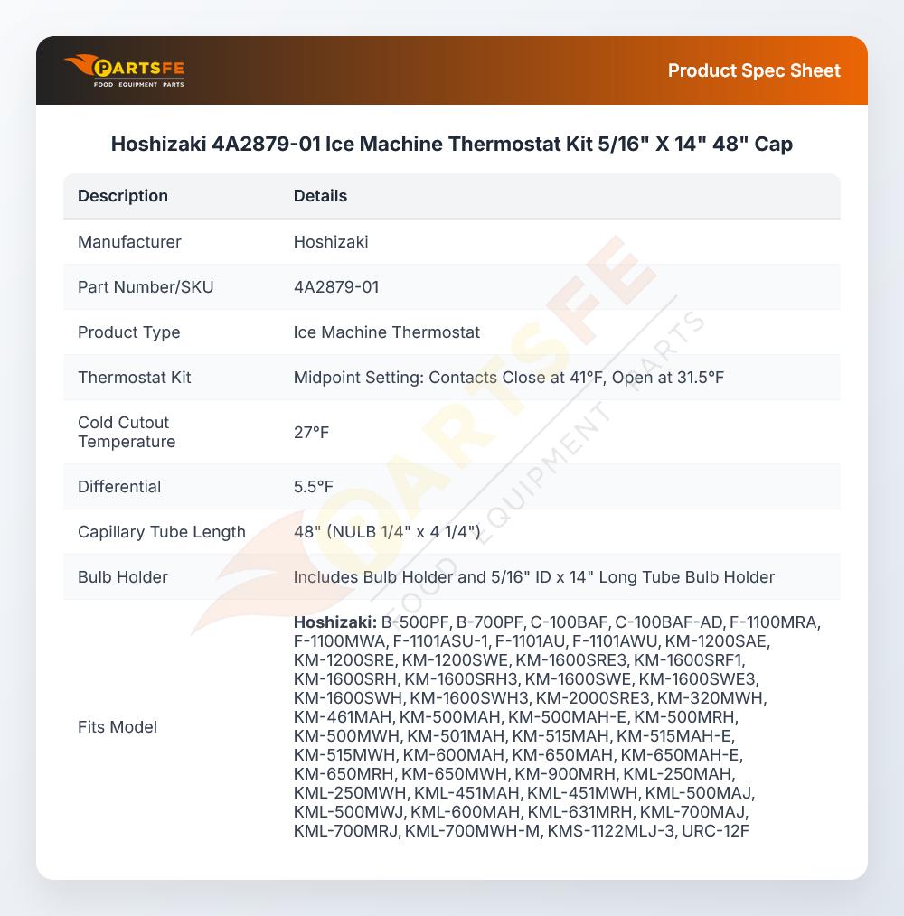 Hoshizaki 4A2879-01 Ice Machine Thermostat Kit 5/16" X 14" 48" CAP