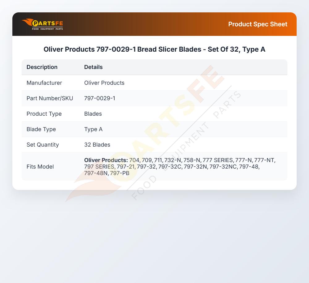 Oliver Products 797-0029-1 Bread Slicer Blades Set Of 32 Type A