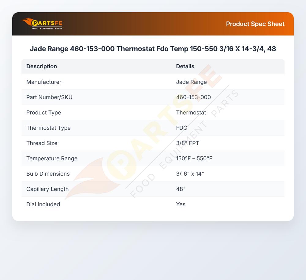 Jade Range 460-153-000 Thermostat 150-550&deg;F