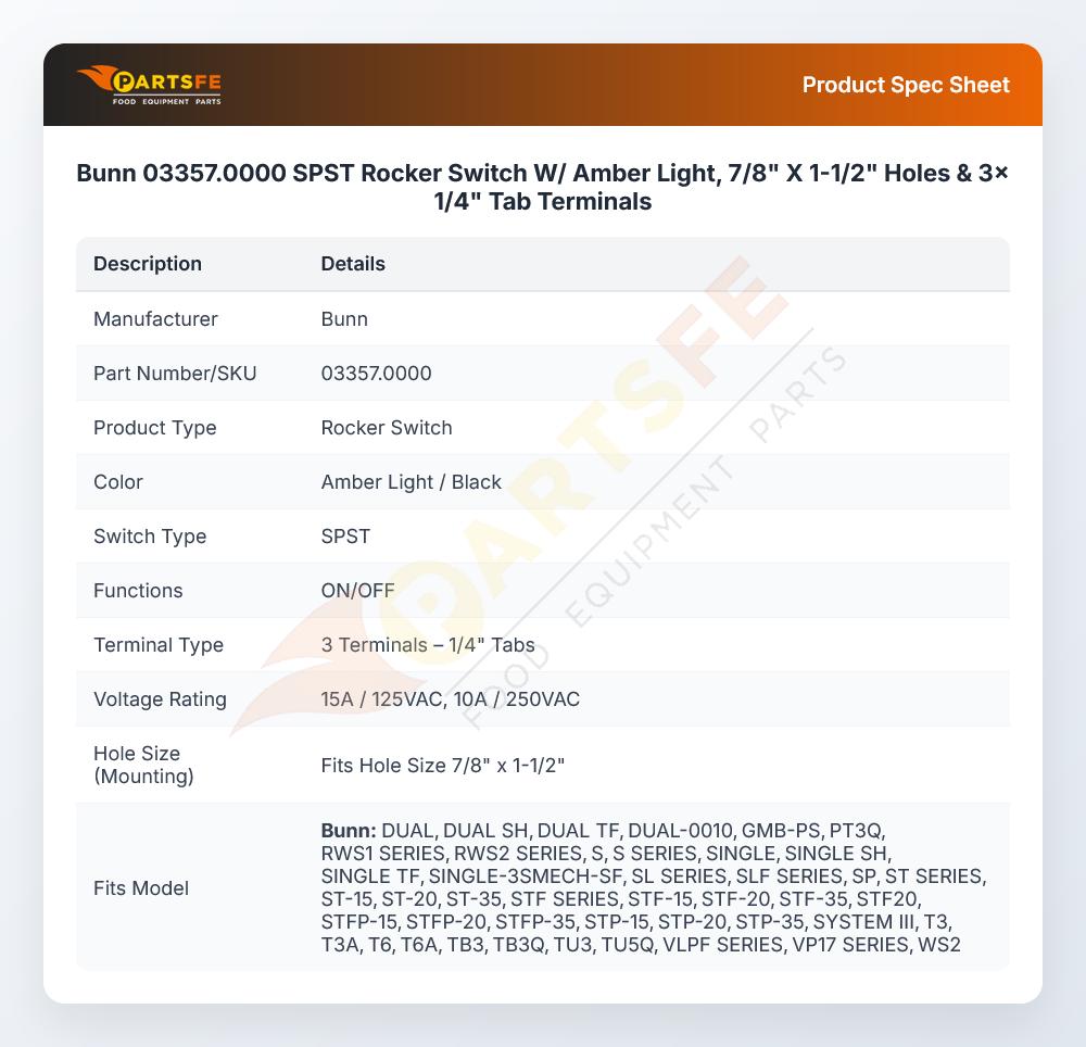 Bunn 03357.0000 SPST Rocker Switch W/ Amber Light, 7/8" X 1-1/2" Holes & 3x 1/4" Tab Terminals