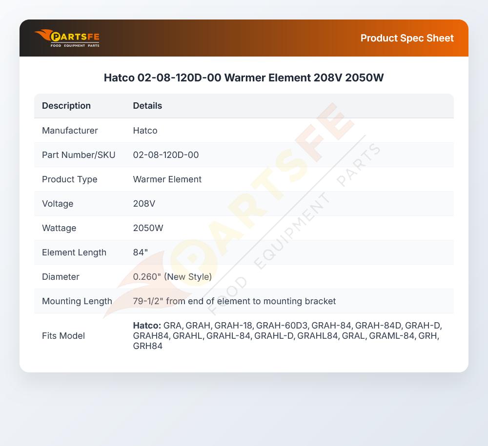 Hatco 02-08-120D-00 Warmer Element 208V 2050W