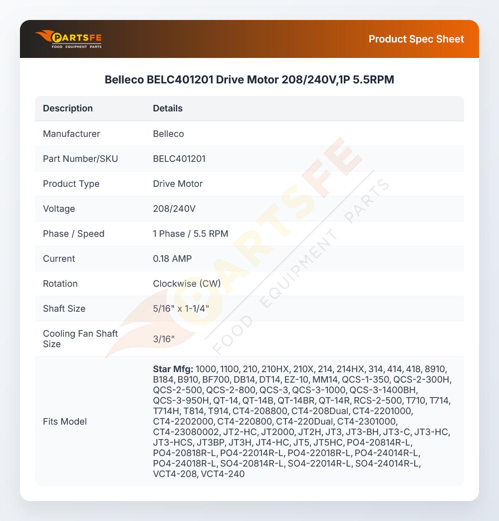 Belleco BELC401201 Drive Motor 1P 5.5 RPM 208/240V