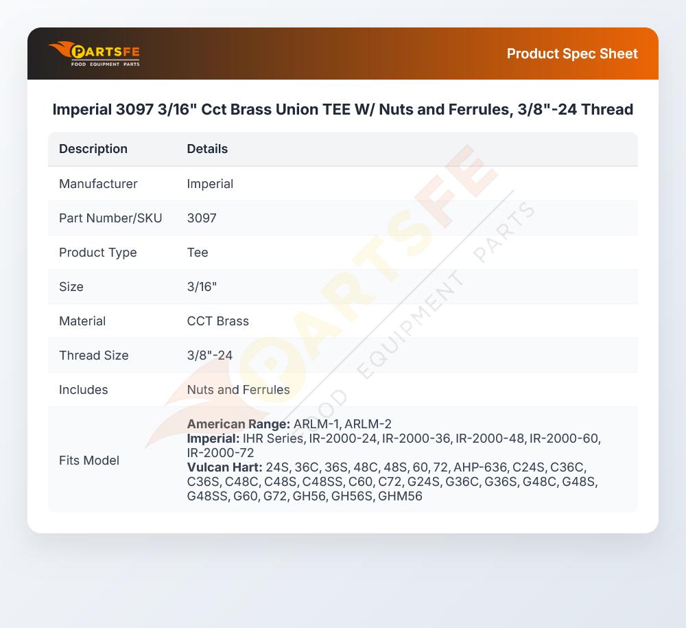 Imperial 3097 Oven Tee Brass 3/16" CCT