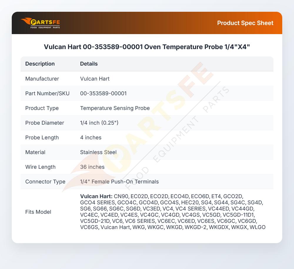 Vulcan Hart 00-353589-00001 Oven Temperature Probe 1/4"X4"